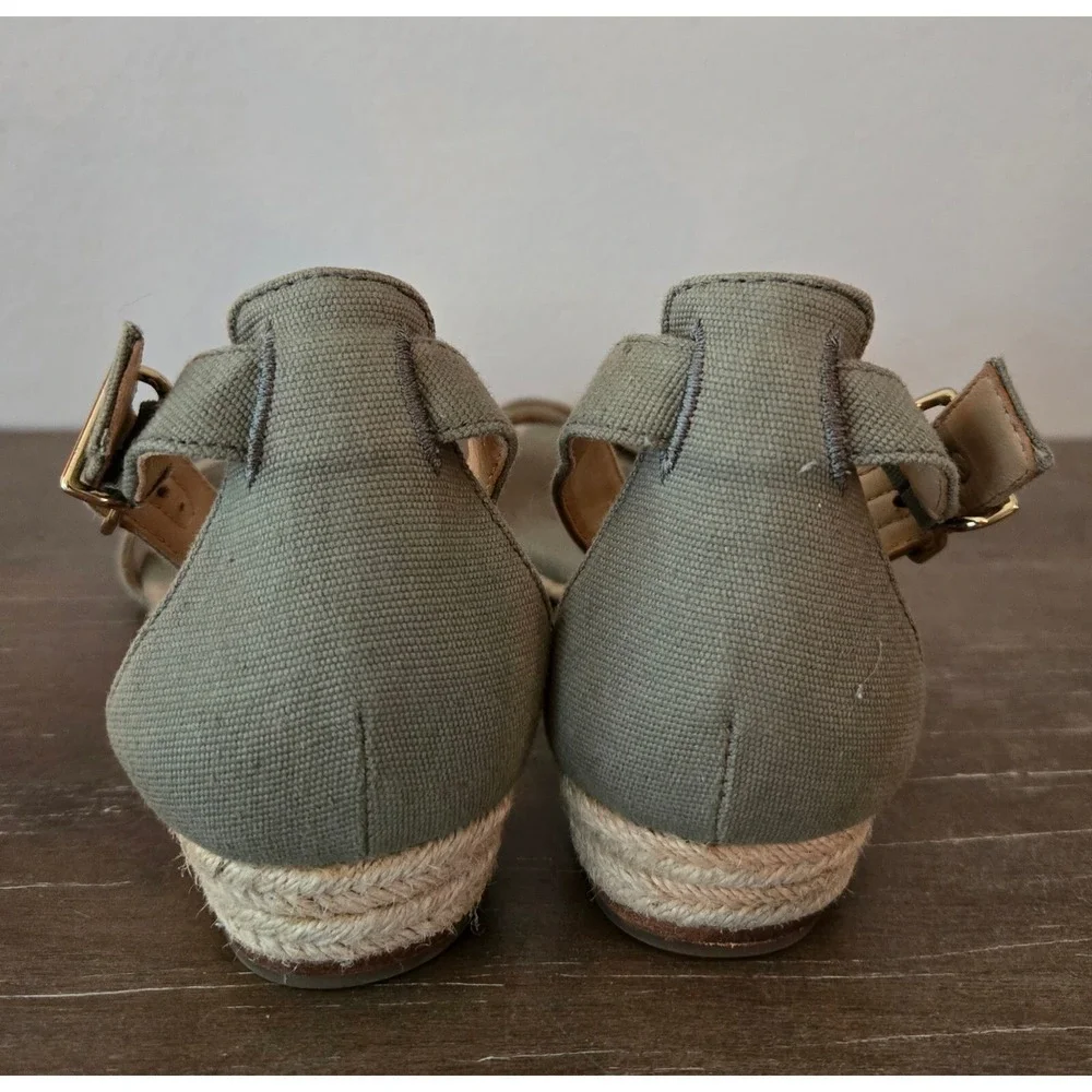 J. Crew Espadrille Wedge Sandals Ankle Strap Canvas‎ Olive Green Size 8.5